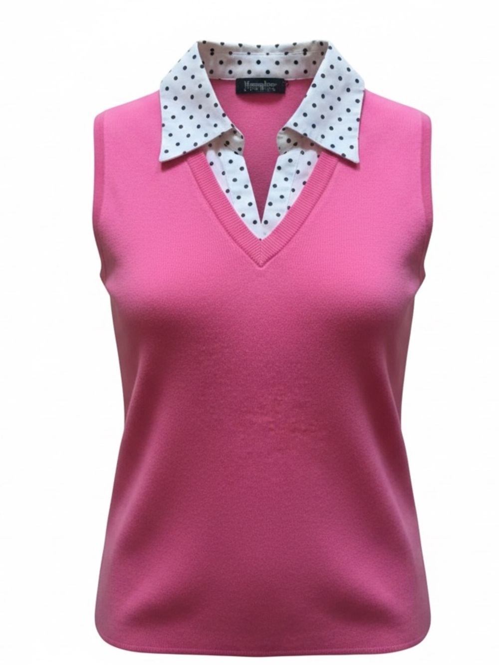 Sleeveless bright pink knit top with white and black polka dot collar. Sz. PP - Picture 4 of 4